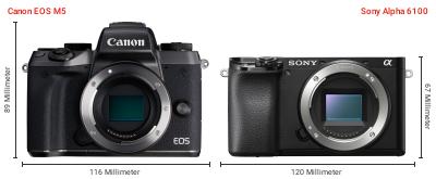 Größenvergleich: Canon EOS M5 vs. Sony Alpha 6100 Größenvergleich: Canon EOS M5 vs. Sony Alpha 6100