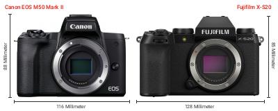 Größenvergleich: Canon EOS M50 Mark II vs. Fujifilm X-S20 Größenvergleich: Canon EOS M50 Mark II vs. Fujifilm X-S20