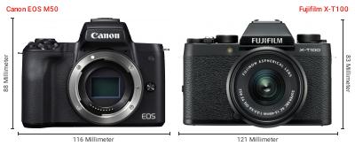 Größenvergleich: Canon EOS M50 vs. Fujifilm X-T100 Größenvergleich: Canon EOS M50 vs. Fujifilm X-T100