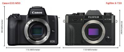 Größenvergleich: Canon EOS M50 vs. Fujifilm X-T30 Größenvergleich: Canon EOS M50 vs. Fujifilm X-T30