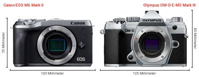 Größenvergleich: Canon EOS M6 Mark II vs. OM System OM-D E-M5 Mark III Größenvergleich: Canon EOS M6 Mark II vs. OM System OM-D E-M5 Mark III