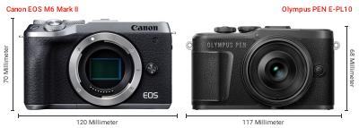 Größenvergleich: Canon EOS M6 Mark II vs. OM System PEN E-PL10 Größenvergleich: Canon EOS M6 Mark II vs. OM System PEN E-PL10