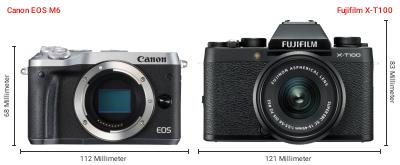 Größenvergleich: Canon EOS M6 vs. Fujifilm X-T100 Größenvergleich: Canon EOS M6 vs. Fujifilm X-T100