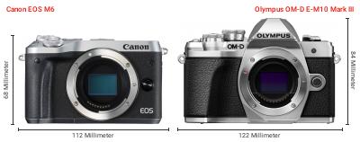 Größenvergleich: Canon EOS M6 vs. OM System OM-D E-M10 Mark III Größenvergleich: Canon EOS M6 vs. OM System OM-D E-M10 Mark III