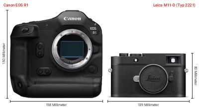 Größenvergleich: Canon EOS R1 vs. Leica M11-D (Typ 2221) Größenvergleich: Canon EOS R1 vs. Leica M11-D (Typ 2221)