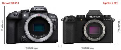 Größenvergleich: Canon EOS R10 vs. Fujifilm X-S20 Größenvergleich: Canon EOS R10 vs. Fujifilm X-S20