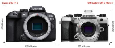 Größenvergleich: Canon EOS R10 vs. OM System OM-5 Mark II