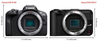 Größenvergleich: Canon EOS R100 vs. Canon EOS R50 V Größenvergleich: Canon EOS R100 vs. Canon EOS R50 V