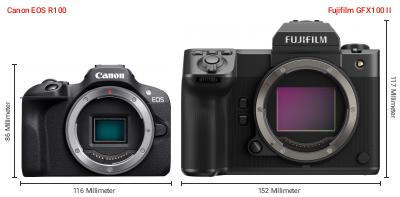 Größenvergleich: Canon EOS R100 vs. Fujifilm GFX100 II Größenvergleich: Canon EOS R100 vs. Fujifilm GFX100 II