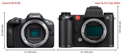 Größenvergleich: Canon EOS R100 vs. Leica SL3-S (Typ 4506) Größenvergleich: Canon EOS R100 vs. Leica SL3-S (Typ 4506)
