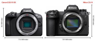 Größenvergleich: Canon EOS R100 vs. Nikon Z6 III Größenvergleich: Canon EOS R100 vs. Nikon Z6 III
