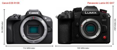 Größenvergleich: Canon EOS R100 vs. Panasonic Lumix DC-GH7 Größenvergleich: Canon EOS R100 vs. Panasonic Lumix DC-GH7