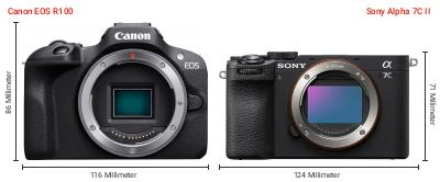 Größenvergleich: Canon EOS R100 vs. Sony Alpha 7C II Größenvergleich: Canon EOS R100 vs. Sony Alpha 7C II