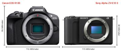 Größenvergleich: Canon EOS R100 vs. Sony Alpha ZV-E10 II Größenvergleich: Canon EOS R100 vs. Sony Alpha ZV-E10 II