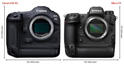 Größenvergleich: Canon EOS R3 vs. Nikon Z9 Größenvergleich: Canon EOS R3 vs. Nikon Z9