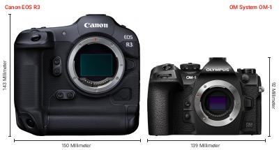 Größenvergleich: Canon EOS R3 vs. OM System OM-1 Größenvergleich: Canon EOS R3 vs. OM System OM-1