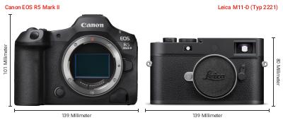 Größenvergleich: Canon EOS R5 Mark II vs. Leica M11-D (Typ 2221) Größenvergleich: Canon EOS R5 Mark II vs. Leica M11-D (Typ 2221)