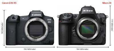 Größenvergleich: Canon EOS R5 vs. Nikon Z8 Größenvergleich: Canon EOS R5 vs. Nikon Z8