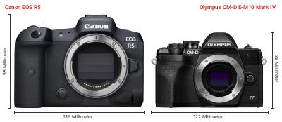 Größenvergleich: Canon EOS R5 vs. OM System OM-D E-M10 Mark IV Größenvergleich: Canon EOS R5 vs. OM System OM-D E-M10 Mark IV