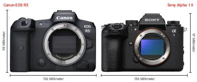 Größenvergleich: Canon EOS R5 vs. Sony Alpha 1 II Größenvergleich: Canon EOS R5 vs. Sony Alpha 1 II