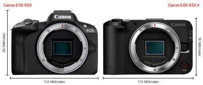 Größenvergleich: Canon EOS R50 vs. Canon EOS R50 V Größenvergleich: Canon EOS R50 vs. Canon EOS R50 V