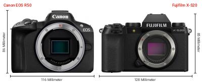 Größenvergleich: Canon EOS R50 vs. Fujifilm X-S20 Größenvergleich: Canon EOS R50 vs. Fujifilm X-S20