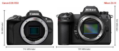 Größenvergleich: Canon EOS R50 vs. Nikon Z6 III Größenvergleich: Canon EOS R50 vs. Nikon Z6 III