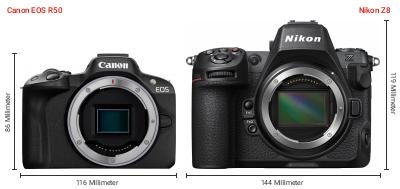 Größenvergleich: Canon EOS R50 vs. Nikon Z8 Größenvergleich: Canon EOS R50 vs. Nikon Z8