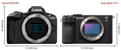 Größenvergleich: Canon EOS R50 vs. Sony Alpha 7C II Größenvergleich: Canon EOS R50 vs. Sony Alpha 7C II