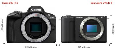 Größenvergleich: Canon EOS R50 vs. Sony Alpha ZV-E10 II Größenvergleich: Canon EOS R50 vs. Sony Alpha ZV-E10 II