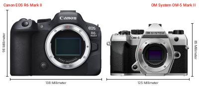 Größenvergleich: Canon EOS R6 Mark II vs. OM System OM-5 Mark II Größenvergleich: Canon EOS R6 Mark II vs. OM System OM-5 Mark II