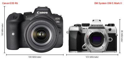 Größenvergleich: Canon EOS R6 vs. OM System OM-5 Mark II Größenvergleich: Canon EOS R6 vs. OM System OM-5 Mark II