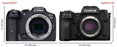 Größenvergleich: Canon EOS R7 vs. Fujifilm X-H2 Größenvergleich: Canon EOS R7 vs. Fujifilm X-H2