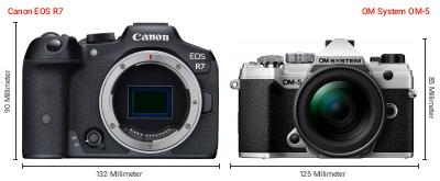 Größenvergleich: Canon EOS R7 vs. OM System OM-5 Größenvergleich: Canon EOS R7 vs. OM System OM-5