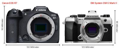 Größenvergleich: Canon EOS R7 vs. OM System OM-5 Mark II