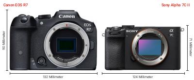 Größenvergleich: Canon EOS R7 vs. Sony Alpha 7C II Größenvergleich: Canon EOS R7 vs. Sony Alpha 7C II