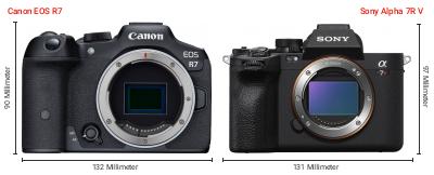 Größenvergleich: Canon EOS R7 vs. Sony Alpha 7R V Größenvergleich: Canon EOS R7 vs. Sony Alpha 7R V