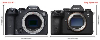 Größenvergleich: Canon EOS R7 vs. Sony Alpha 9 III Größenvergleich: Canon EOS R7 vs. Sony Alpha 9 III