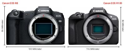 Größenvergleich: Canon EOS R8 vs. Canon EOS R100 Größenvergleich: Canon EOS R8 vs. Canon EOS R100