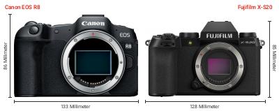 Größenvergleich: Canon EOS R8 vs. Fujifilm X-S20 Größenvergleich: Canon EOS R8 vs. Fujifilm X-S20