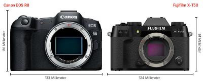 Größenvergleich: Canon EOS R8 vs. Fujifilm X-T50 Größenvergleich: Canon EOS R8 vs. Fujifilm X-T50