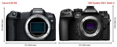 Größenvergleich: Canon EOS R8 vs. OM System OM-1 Mark II Größenvergleich: Canon EOS R8 vs. OM System OM-1 Mark II
