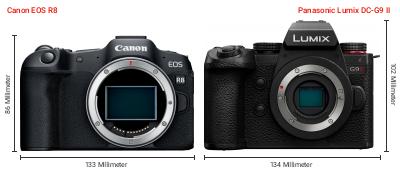 Größenvergleich: Canon EOS R8 vs. Panasonic Lumix DC-G9 II Größenvergleich: Canon EOS R8 vs. Panasonic Lumix DC-G9 II