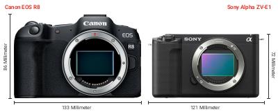 Größenvergleich: Canon EOS R8 vs. Sony Alpha ZV-E1 Größenvergleich: Canon EOS R8 vs. Sony Alpha ZV-E1