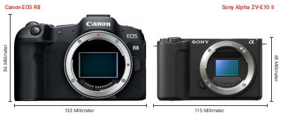 Größenvergleich: Canon EOS R8 vs. Sony Alpha ZV-E10 II Größenvergleich: Canon EOS R8 vs. Sony Alpha ZV-E10 II