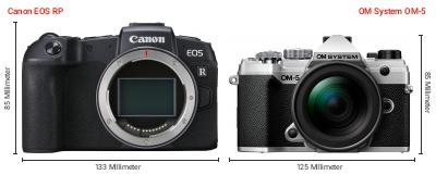 Größenvergleich: Canon EOS RP vs. OM System OM-5 Größenvergleich: Canon EOS RP vs. OM System OM-5