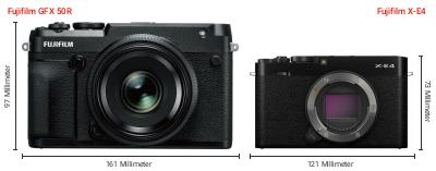 Größenvergleich: Fujifilm GFX 50R vs. Fujifilm X-E4 Größenvergleich: Fujifilm GFX 50R vs. Fujifilm X-E4