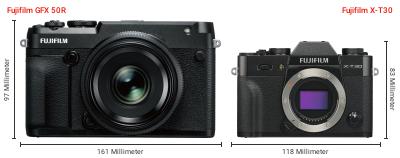 Größenvergleich: Fujifilm GFX 50R vs. Fujifilm X-T30 Größenvergleich: Fujifilm GFX 50R vs. Fujifilm X-T30