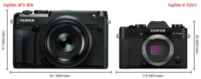 Größenvergleich: Fujifilm GFX 50R vs. Fujifilm X-T30 II Größenvergleich: Fujifilm GFX 50R vs. Fujifilm X-T30 II