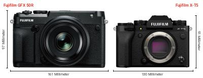 Größenvergleich: Fujifilm GFX 50R vs. Fujifilm X-T5 Größenvergleich: Fujifilm GFX 50R vs. Fujifilm X-T5